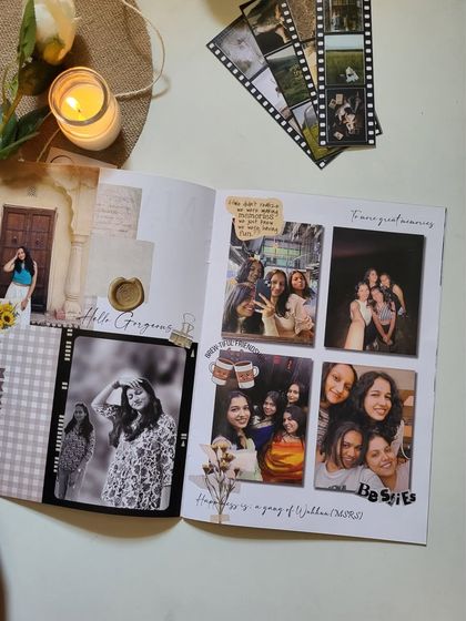 This page from a friendship magazine uses a mix of photo styles, including film strips and a wax seal detail, to create a vintage, collected feel.