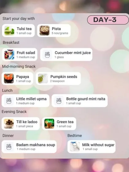 This image shows the meal plan for Day 3 of my Navratri fasting plan. It focuses on light and detoxifying meals like little millet upma and badam makhana soup to support your body's cleansing process.