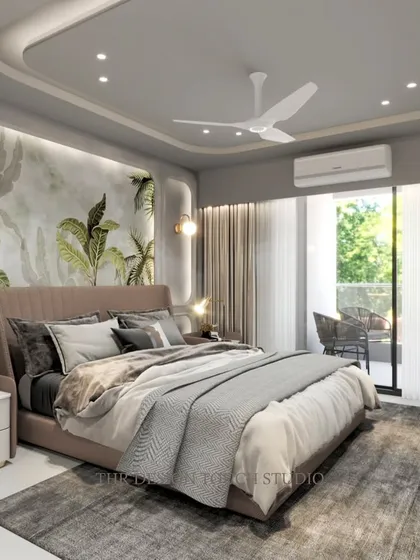 A render of the bedroom with its attached balcony, showing how we design spaces that connect with the outdoors.