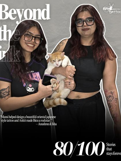 "Mansi helped design a beautiful oriental japanese style tattoo and Ankit made Bicu a rockstar." The whole family, including the cat Bicu, celebrating their new tattoos.