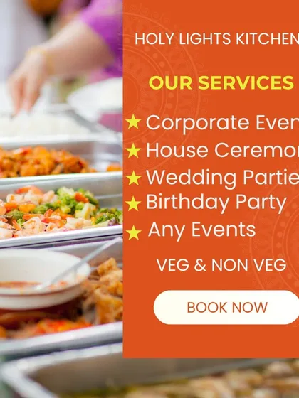 We cater to a wide range of functions, including corporate events, wedding parties, and house ceremonies. This graphic highlights our primary event catering services, all available with both veg and non-veg options.