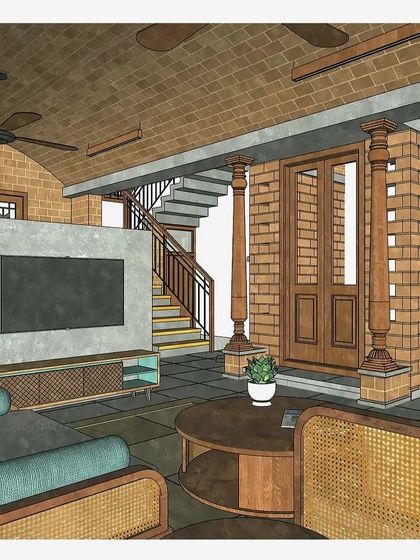An interior illustration of a living room, visualizing the use of earth blocks, a vaulted roof, and traditional wooden columns.
