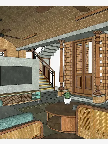 An interior illustration of a living room, visualizing the use of earth blocks, a vaulted roof, and traditional wooden columns.