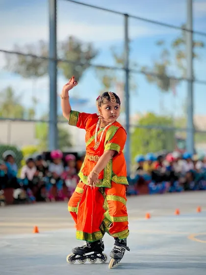 Skating is also an art form. Here is one of our talented students performing a classical dance routine on roller skates during our Republic Day event. We love to see our kids combine their passions and express their creativity.