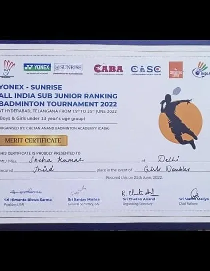 This merit certificate marks a major milestone. Our player Sneha Kumar secured a bronze medal at her first All India Sub Junior Ranking Badminton Tournament in Hyderabad for Girls Doubles U-13.