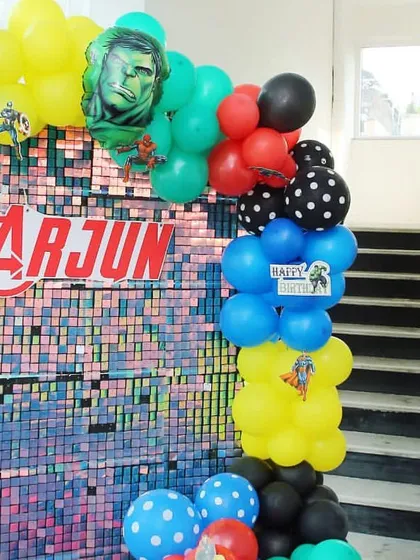A personalized Avengers-themed backdrop for Arjun's birthday party.