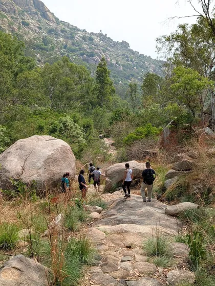 This is a typical trail we take at Bidarakatte. It's a mix of rocky paths and dirt trails, perfect for beginners and anyone looking for a refreshing Sunday morning hike.