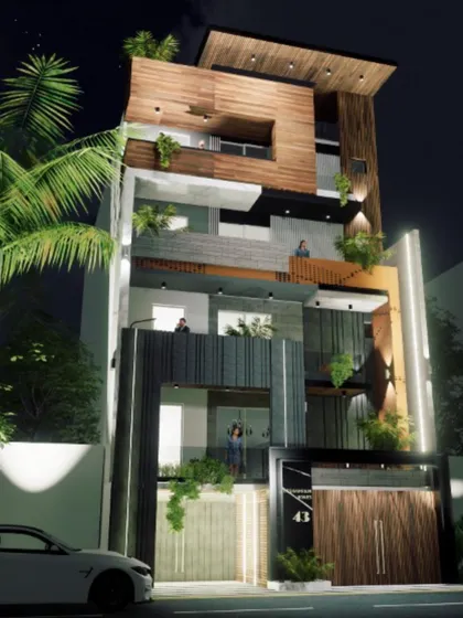 The night view of the 'A43' residence concept. The lighting design emphasizes the verticality of the structure and highlights the different material textures, from the warm wood panels to the sleek dark metal frames.