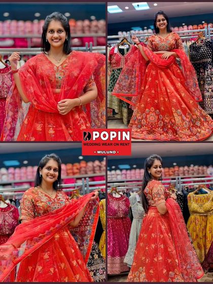 A four-way collage displaying the red floral lehenga, showing how it looks from different angles and how the dupatta can be styled.