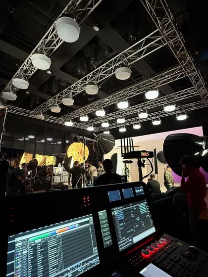 A view from the lighting control desk on the Limelight set. The powerful Creamsource SpaceX rig is visible, along with various other lights and modifiers on the floor.