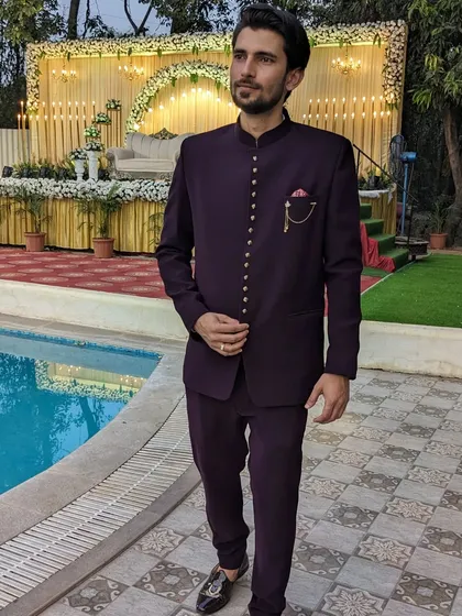 I also offer a sharp collection of men's wear for rent. This dark purple Jodhpuri suit from Manyavar is perfect for a wedding guest or for coordinating with your partner's outfit for a function.
