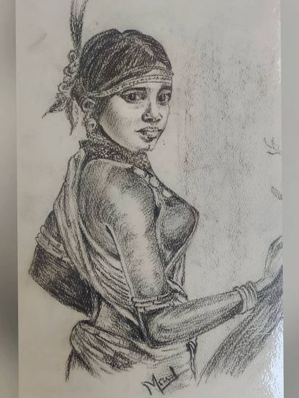 A charcoal sketch of a tribal woman. This piece was an exercise in capturing strength and beauty through detailed adornments and a powerful gaze.