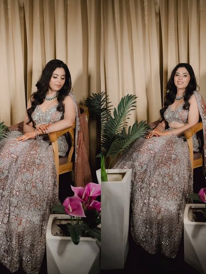 A diptych of the bride seated gracefully. Her elegant pose and the beautiful details of her sangeet lehenga are highlighted in these portraits.