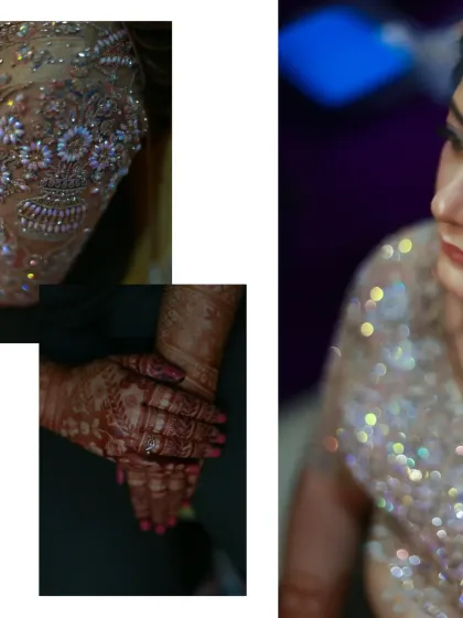 A collage focusing on the beautiful details: the intricate beadwork on the bride's dress and the deep color of her henna-adorned hands.