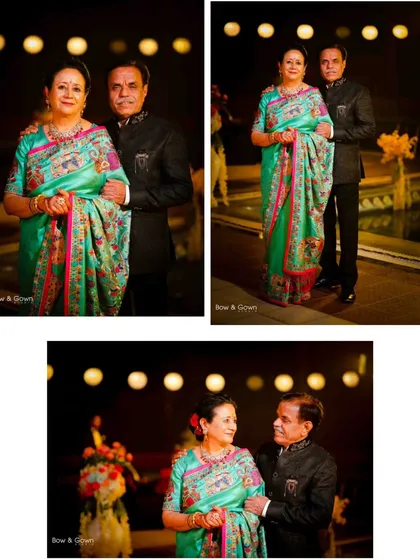 A collage celebrating the groom's parents. These portraits capture their elegance and their happy, proud moments during their son's wedding festivities.