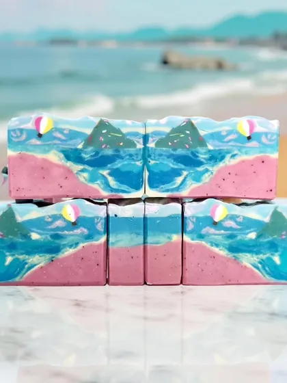 Another fun, AI-generated background for my beach soap. The little hot air balloon embed adds a touch of whimsy to the stormy sea design.