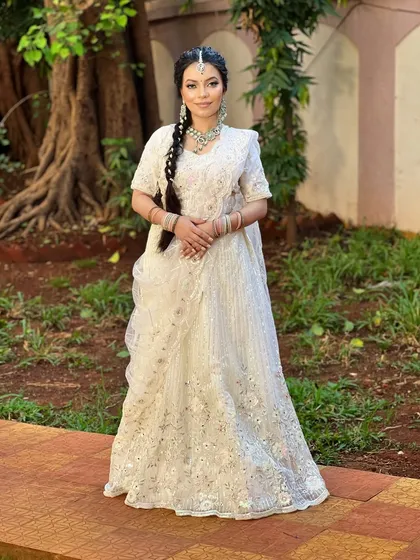 Another full-length view, showing the complete look in a beautiful outdoor setting. This set is perfect for brides who prefer minimalist elegance.