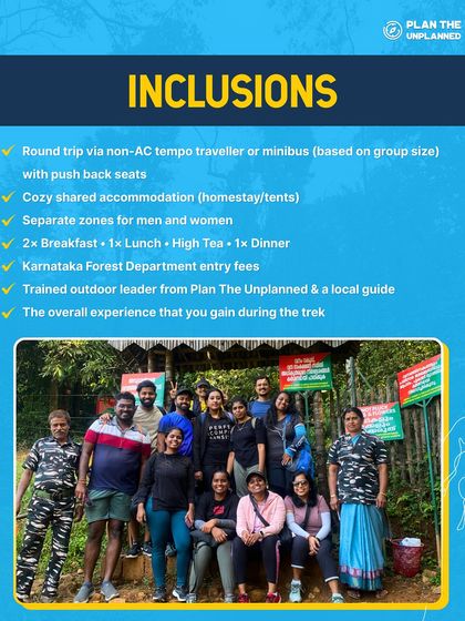 A group photo from our Coorg trip. This poster highlights the inclusions for our treks in the beautiful Kodagu region.