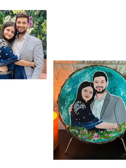 This custom couple portrait features a beautiful teal background and a floral wreath design. It shows how I can match the colors and mood of your original photo to create a cohesive piece of art.