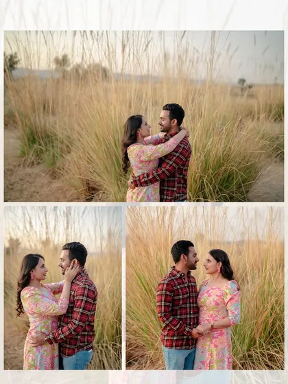 A collage of Ronit and Ritu's casual shoot in a field of tall, golden grass. The warm light of the setting sun creates a soft and romantic glow.