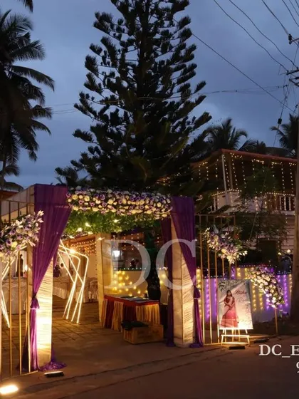 The Roce ceremony entrance at dusk, showing how the lighting transforms the space and creates a magical atmosphere as evening approaches.