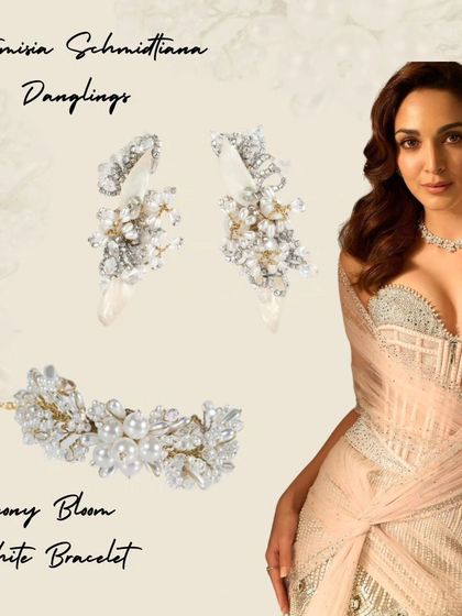Get Kiara Advani's ethereal wedding guest look. Our Artemisia Danglings and Peony Bloom White Bracelet are the perfect accessories to recreate her elegant and modern style.