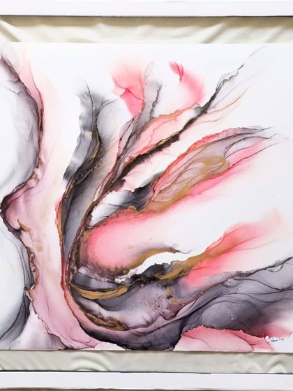 'Soul Notes', a beautiful pink and grey abstract alcohol ink painting by artist Messy Ever After, exhibited at our Hyderabad gallery.