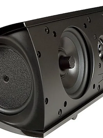 This is the Definitive Technology ProMonitor 1000, a compact satellite speaker that delivers surprisingly big sound. Its unique design with a side-mounted bass radiator allows it to produce deep lows from a very small enclosure, perfect for surround sound.