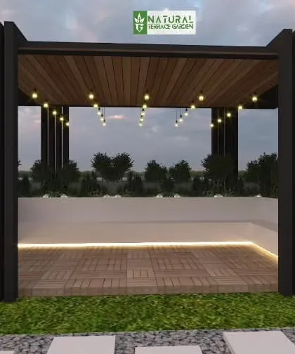 A front view of the proposed corner pergola, featuring string lights and built-in planters for a charming effect.