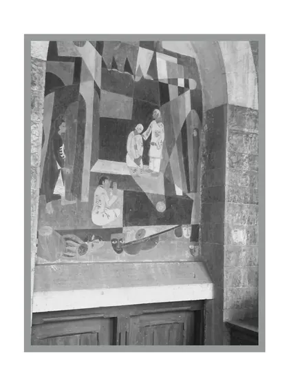 A black and white photo of the mural painting in progress, highlighting the composition and tonal structure.
