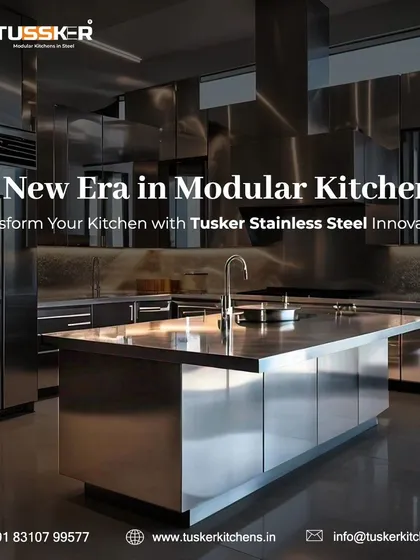 Welcome to a new era in modular kitchens. This design features a complete stainless steel finish, including the island, countertops, and cabinets, for a cohesive, industrial-chic look that is both incredibly durable and hygienic.
