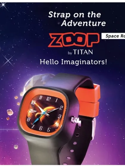 Product styling for the Titan Zoop 'Space Rover' watch. The adventurous theme is conveyed through the name and design, and the image is focused solely on the watch to highlight its features for young explorers.