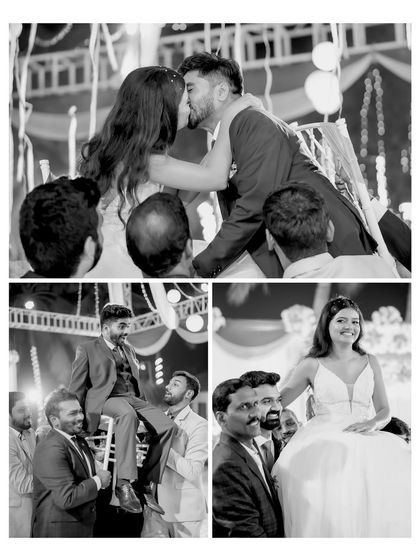 A black and white collage of the Hora, a traditional celebratory dance. The images capture the joy and energy of this reception moment with family and friends.
