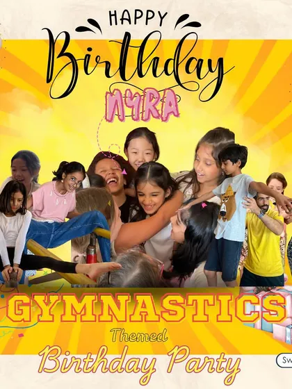 A beautiful graphic commemorating Myra's gymnastics-themed birthday party, filled with flips, fun, and friendship.