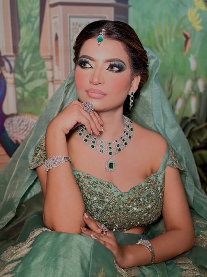 A thoughtful pose. The makeup is versatile enough for a bride, bridesmaid, or a guest at a wedding.