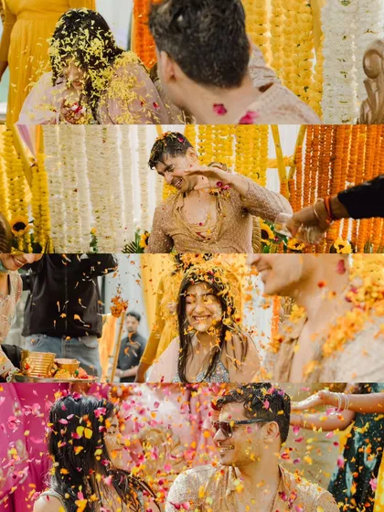 A collage capturing the story of a Haldi ceremony. From the first smear of turmeric to the final shower of flowers, each frame is filled with laughter and love.