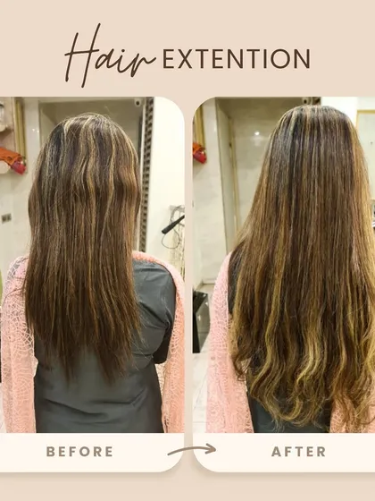 Here, we added length and enhanced her existing highlights with extensions. The final look is styled into gentle waves, creating a fuller and more dimensional appearance.