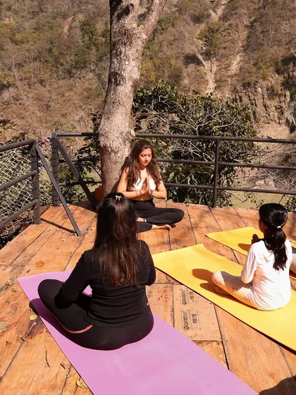 Guiding a pranayama session during a retreat in Rishikesh. My goal as a teacher is to create a safe and supportive space where you can explore your breath and connect with your inner landscape, surrounded by the healing energy of nature.