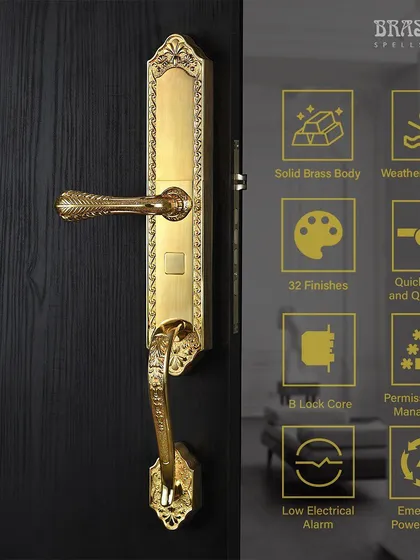 Customization is key, even for smart locks. This image showcases the Darbaan lock in three different finishes: 24-karat Full Gold, Royal Gold, and Black Nickel Matte, illustrating how you can personalize your security hardware to match your exact design vision.