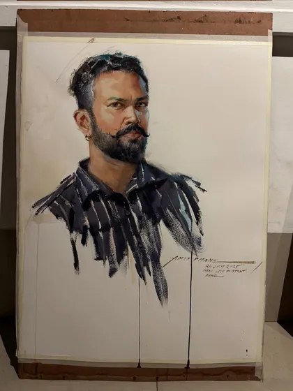 A self-portrait created as a live demonstration. This piece showcases my approach to watercolour portraits, focusing on capturing likeness and expression with fluid, confident brushstrokes.