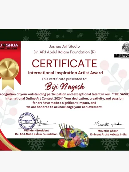 The official certificate for the 'International Inspiration Artist Award 2025'. I am so honored to be recognized for my dedication, creativity, and passion.