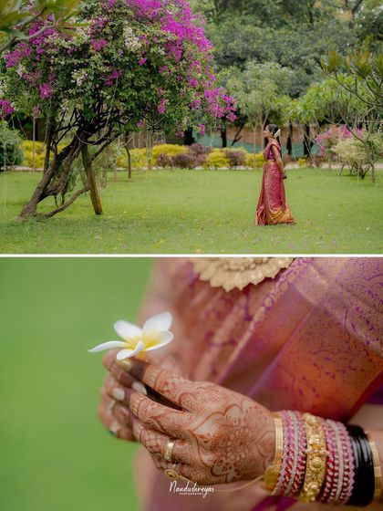 A diptych combining a wide shot of the bride in the garden with a close-up of her hands, connecting the person to the fine details.