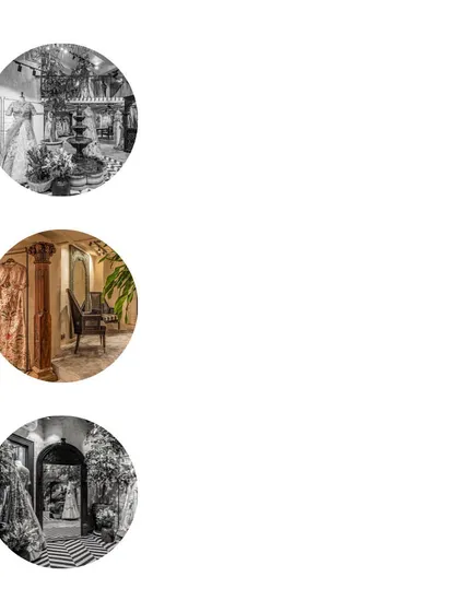 A graphic representation of key visual moments from The Vintage Garden project. These circular vignettes capture the essence of the store's design, from the central fountain to the detailed architectural features.