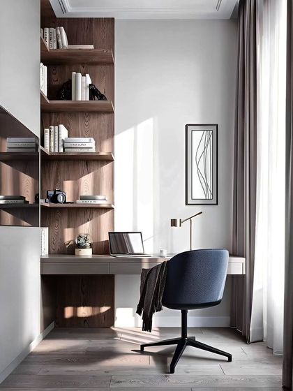A minimalist study nook tucked into the corner of a bedroom. The design uses natural wood shelving and a simple desk to create a warm and inviting workspace that blends seamlessly with the room's decor.