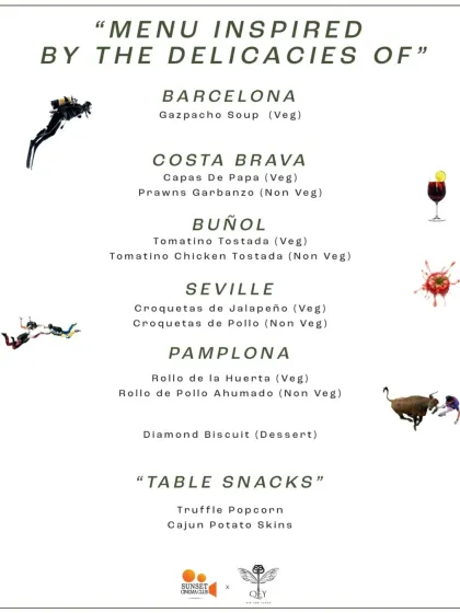 Another version of our ZNMD menu, detailing the five-course Spanish tasting journey. We offer both vegetarian and non-vegetarian options for each course, ensuring everyone can enjoy the experience.