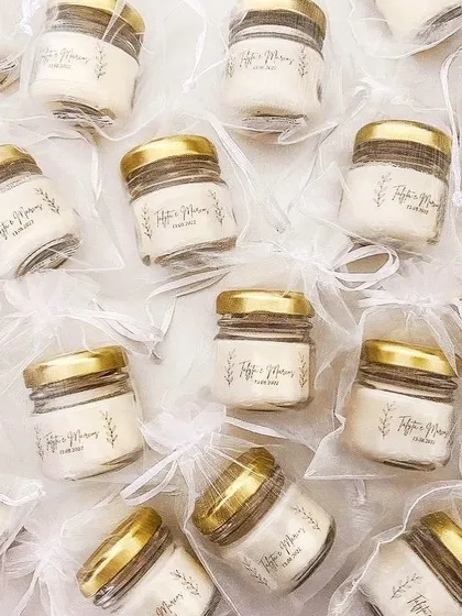 Our mini candles look so cute in these net potlis. We can add your logo or initials to the label to make them perfect for your event.