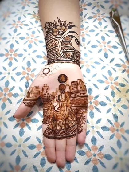 A custom Karva Chauth design showing the traditional scene of a woman looking at the moon. I love creating storytelling art that is meaningful for your special occasion.
