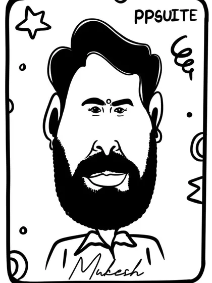 A fun black and white caricature with playful background elements, drawn for an event in Surat. The style is lighthearted and perfect for a party atmosphere.