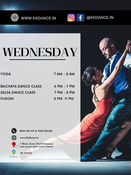 Our Wednesday schedule is packed with options. Choose from morning Yoga, or evening classes in Bachata, Salsa, and Fusion dance styles.