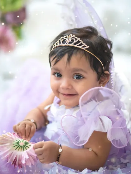 The sweetest fairy smile. This close-up captures the pure magic and joy of our enchanted forest theme, complete with sparkly effects.